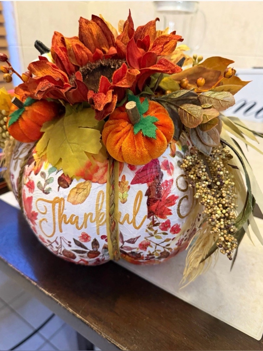 Faux Floral Pumpkin Accent in Orange and Cream – Thankful Fall Decor